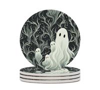 4PCS White Patterned Ghost Coasters Non-Slip Round Drink Coasters with Ceramic Stone and Cork Base, Heat Resistant Absorbent 33.00Stone Coaster Set for Kinds of Mugs and Cups, 4 Inch