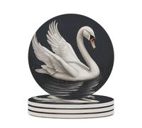 4PCS White Swan Coasters Non-Slip Round Drink Coasters with Ceramic Stone and Cork Base, Heat Resistant Absorbent 33.00Stone Coaster Set for Kinds of Mugs and Cups, 4 Inch