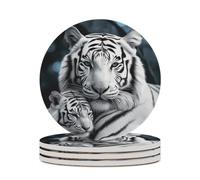 4PCS White Tiger Coasters Non-Slip Round Drink Coasters with Ceramic Stone and Cork Base, Heat Resistant Absorbent 33.00Stone Coaster Set for Kinds of Mugs and Cups, 4 Inch
