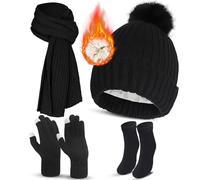 4PCS Winter Beanie Hat Scarf Gloves Set, Black Warm Beanie Hat Long Scarf Thermal Socks Touch Screen Gloves, Winter Thick Set for Women Fishing Skiing Outdoor Sports