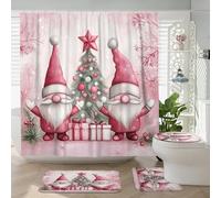 4PCS Winter Christmas Gnome Shower Curtain 72''x72'' with Hooks, Bathroom Accessory Set with Bath Rug, U Shape Toilet Lid Cover Mat, Fun Cute Pink Xmas Tree Home Bath Fabric Decor