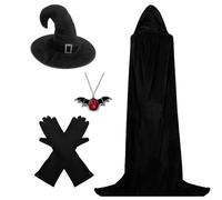 4PCS Witch Costume - with Black Long Gloves, Bat Necklace, Black Velour Witch Hat and Cloak Adult(1.3M Cloak), Witches Halloween Costume Adult Women for Halloween Party/Fancy-Dress Ball