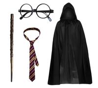 4Pcs Wizard Cape School Boy Fancy Dress Costume Accessory Tie, Glasses, Wizard Wand, Black Cape, Wizard Theme Party Carnival Cosplay Outfit Set for World Book Day Costumes, Easter Halloween Girls Boys