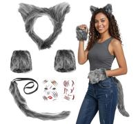 4Pcs Wolf Costume Set with Ears, Tail, Wristbands and 2 Halloween stickers
