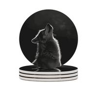 4PCS Wolf Facing The Moon Coasters Non-Slip Round Drink Coasters with Ceramic Stone and Cork Base, Heat Resistant Absorbent 33.00Stone Coaster Set for Kinds of Mugs and Cups, 4 Inch