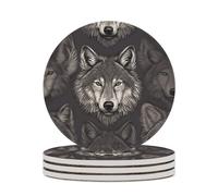 4PCS Wolf Head Pattern Coasters Non-Slip Round Drink Coasters with Ceramic Stone and Cork Base, Heat Resistant Absorbent 33.00Stone Coaster Set for Kinds of Mugs and Cups, 4 Inch