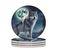 4PCS Wolf Under Moon Coasters Non-Slip Round Drink Coasters with Ceramic Stone and Cork Base, Heat Resistant Absorbent 33.00Stone Coaster Set for Kinds of Mugs and Cups, 4 Inch