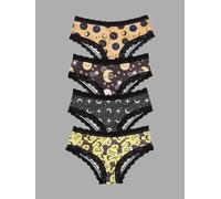 4pcs Women Gothic Halloween Skull Print Contrast Lace Trims Soft Hipsters Briefs Multicolor