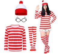 4PCS Women Wally Costume Set, Cosplay Accessories Set with Red & White Stripe Long Sleeve Top Bobble Hat Stockings Black Nerd Glasses, 90s Fancy Dress Costume for World Book Day Halloween Dress Up