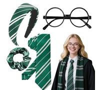 4Pcs Women Wizard Costume Accessories, Ladies Fancy Magician Outfit with Wizard Glasses Striped Tie Headband Hair Tie for Adult Kids World Book Day Halloween Cosplay Party