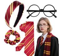 4Pcs Women Wizard Costume Accessories, Ladies Fancy Magician Outfit with Wizard Glasses Striped Tie Headband Hair Tie for Adult Kids World Book Day Halloween Cosplay Party