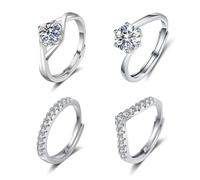 4Pcs Women's 925 Sterling Silver Ring Adjustable Cubic Zirconia Wedding Engagement Anxiety Open Thumb Stacking Rings Mothering Sunday Gifts for Mom Friendship Jewelry Valentine Anniversary Easter