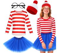 4Pcs Women's Wally Costume Set, Fancy Dress Costume Outfit with Red & White Striped Top Blue Tutu Skirt Hat Glasses for World Book Day Halloween Cosplay Theme Party Halloween Christmas