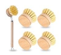 4Pcs Wooden Dish Brush, Bamboo Dish Brushes for Washing Up, Natural Replacement Heads Plastic Free Eco Scrubber Set Zero Waste Cleaning Great (with 1*Handle)