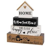 4PCS Wooden Home Ornaments, Rustic Block Sign for Living Room Bedroom, Tiered Tray Sign with Natural Grain, Unique Shelf Decor Accent, New Home and Housewarming Gift for Family & Friends