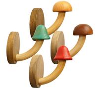 4pcs Wooden Mushroom Coat Hooks, Decorative Wall Hangers with No-Drill Installation, Solid Wood Hat and Clothes Hooks for Bedroom, Bathroom, and Door Storage