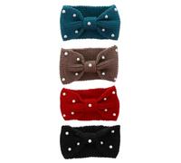 4pcs Wool Knitted Headbands for Women Stretchable Windproof | Pearl bow detail, comfortable fit for indoor wear, useful for winter sports and sand protection