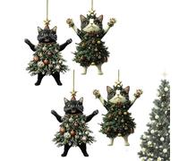 4pieces Cat Christmas Ornaments, 2D Acrylic Cat Christmas Tree Decorations, Cute Christma Tree Kitten Pendant, Adorable Cats Dressed As A Christma Trees Hanging Decorations, For Rearview, Bag, Mantel