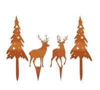 4Pieces Metal Christmas Trees and Elk Decor, Christmas Garden Stakes, Metal Elk Silhouette Garden Stake, Rusty Elk Statue Silhouette Stake for Yard Outdoor (4PCS)