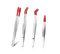 4Pieces Tweezers with Rubber Tips Tweezers PVC Coated Tweezers Set, Rubber Straight/Flat Tip Tweezer Bent Tweezers Red