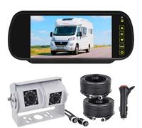 4PIN White Dual Lens RVs Reversing Camera w 7 inch Rear View Mirror Monitor | IR Night Vision, Waterproof, Reverse Backup Camera, for Motorhome Truck Caravan, 12V-24V
