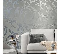 4Roll Silver Grey Glitter Striped Retro Leaf Wallpaper Modern Damask Embossed Textured Wallpaper for Adults Kids Living Room Bedroom TV Background Hallway Stairs Lounge Non-Woven Wallpaper