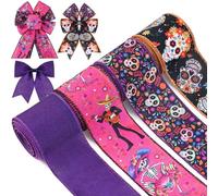 4Rolls Day of The Dead Wired Edge Ribbon, Black Purple Skull Flower Printed Burlap Ribbon Mexican Dia De Los Meurtos Ribbon for Mexican Halloween Party DIY Craft Supplies