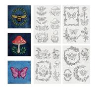 4Sheets 20Pcs Wreath Bee and Mushroom Water Soluble Embroidery, 29.7x21cm Stick and Stitch Embroidery Paper Stabilizer Water Soluble Hand Sewing for Shirts, Coats, Bags