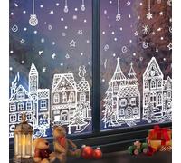 4Sheets Christmas Window Clings,White House Snowflake Christmas Window Stickers,Double-Sided Xmas Winter House Snowflakes Holiday Decals,for Glass Windows,Doors,Cafe,Classroom,Home Party Decoration
