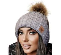 4sold Mens Womens Beanie Warm Winter Cable Knitted Bobble Hat Plain Ski Pom Wooly Cap Full Cosy Fleece Liner Grey Brown