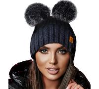 4sold Miki Colour Black Grey Womens Girls Winter Hat Wool Knitted Beanie with Double Pom Pom Cap Ski Snowboard Bobble(Size: One Size)