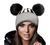 4sold Miki Colour Womens Girls Winter Hat Wool Knitted Beanie with Double Pom Pom Cap Ski Snowboard Bobble Grey Black