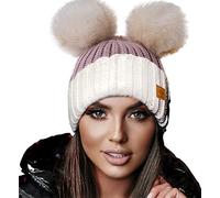 4sold Miki Colour Womens Girls Winter Hat Wool Knitted Beanie with Double Pom Pom Cap Ski Snowboard Bobble