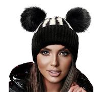 4sold Miki Colour Womens Girls Winter Hat Wool Knitted Beanie with Double Pom Pom Cap Ski Snowboard Bobble Black White