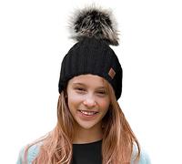 4sold Ribbed Striped Thermal Insulating Bobble Funny Beanie Baby Kids Girls Boys Hat Wool Knitted with Pom Pom Winter Warm SKI Snowboard Hats - Black