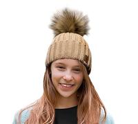 4sold Ribbed Striped Thermal Insulating Bobble Funny Beanie Baby Kids Girls Boys Hat Wool Knitted with Pom Pom Winter Warm SKI Snowboard Hats - Beig