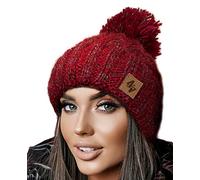 4sold Unisex Fleece Lined Winter Beanie - Warm Cable Knit Bobble with Pom Pom UK, Soft Wooly Thermal Cap for Men & Women, Thick Cosy Knitted Design for Cold Weather Maroon White