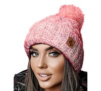 4sold Unisex Fleece Lined Winter Beanie - Warm Cable Knit Bobble with Pom Pom UK, Soft Wooly Thermal Cap for Men & Women, Thick Cosy Knitted Design for Cold Weather Pink Black