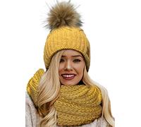 4sold Women's Ladies Beanie Scarf & Hat Pom Pom Warm Winter Natural Wool Mohair Lining Full Cosy Fleece Liner - Set Birma Mustard