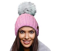 4sold Womens Ladies Winter Hat Wool Knitted Beanie with Large Pom Pom Cap SKI Snowboard Hats Bobble Gold Circle Little Crystals (Pink)