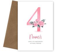 4th Anniversary Card for Wife Husband - Floral Number 4 with Custom Names - Celebrate Anniversaries with 4th Anniversary Card for Couple - 4 Years as Husband and Wife