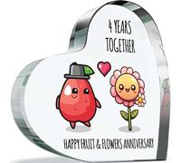 4th Anniversary Plaque Gifts for Wife Husband - Happy Fruit Flowers Anniversary - I Love You Romantic Acrylic Heart Gift For Women Men, 100mm x 100mm Present For Couples Fourth Wedding Anniversaries