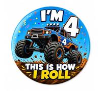 4th Birthday Badge - I'm 4 This Is How I Roll Pin Badge, Extra Large 7.5cm Round Metal Pin for Birthday Boy, Durable Safety Pin Back, Fun Party Accessory for 4 Year Old (4)