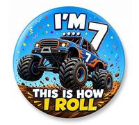 4th Birthday Badge - I'm 4 This Is How I Roll Pin Badge, Extra Large 7.5cm Round Metal Pin for Birthday Boy, Durable Safety Pin Back, Fun Party Accessory for 4 Year Old (7)