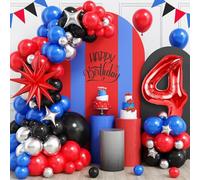 4th Birthday Balloons Decorations for Boys, Royal Blue Black Red Silver Balloon Arch Kit with 40 Inch Red Number 4 Balloon Tower, Star Foil Balloons for Boys Super Theme Party
