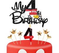 4th Birthday Cake Decorations for Boys, Four Years Old Birthday Numeral 4 Cake Candles and Glitter Cartoon Black Red Cake Toppers Set for Birthday Party Supplies (Number 4)