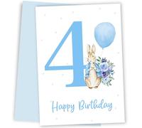 4th Birthday Card Boy - Blue Bunny Rabbit - Age 4 Year Old Birthday Card for Boy Nephew Son Great Grandson God Son Godson Cousin Keepsake on Forth Bday