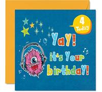 4th Birthday Card Boy - Monster Birthday Card - Happy 4 Year Old Boy, Boys Cards for Him, 145mm Greeting for Son Nephew Grandson Kid Children