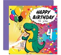 4th Birthday Card Boy - Roarsome Dinosaur Party - Dinosaur Birthday Card for 4 Year Old Boy, Age 4 Boys Cards, 145mm Cute Greeting