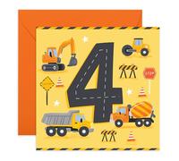 4th Birthday Card - Construction Trucks - Diggers Dump Trucks Cement Mixers - Fun Greeting Card for Kids Children Boys Son Nephew Grandson Godson Him - Four Years Old -Comes with Stickers